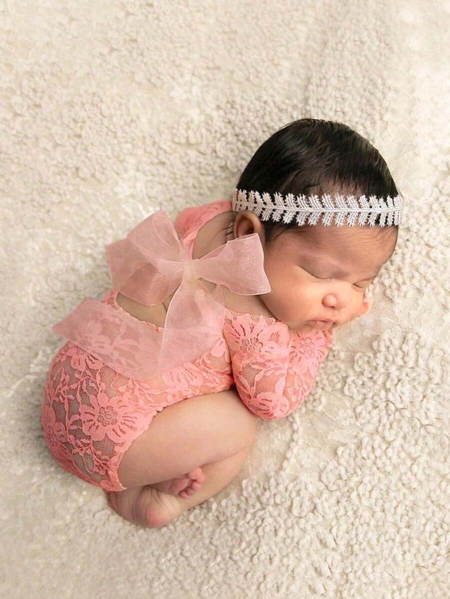 2 pezzi Tutina in pizzo e fascia per neonati, completo di fotografia per bambine con decorazione in tulle, accessorio fotografico per neonati
