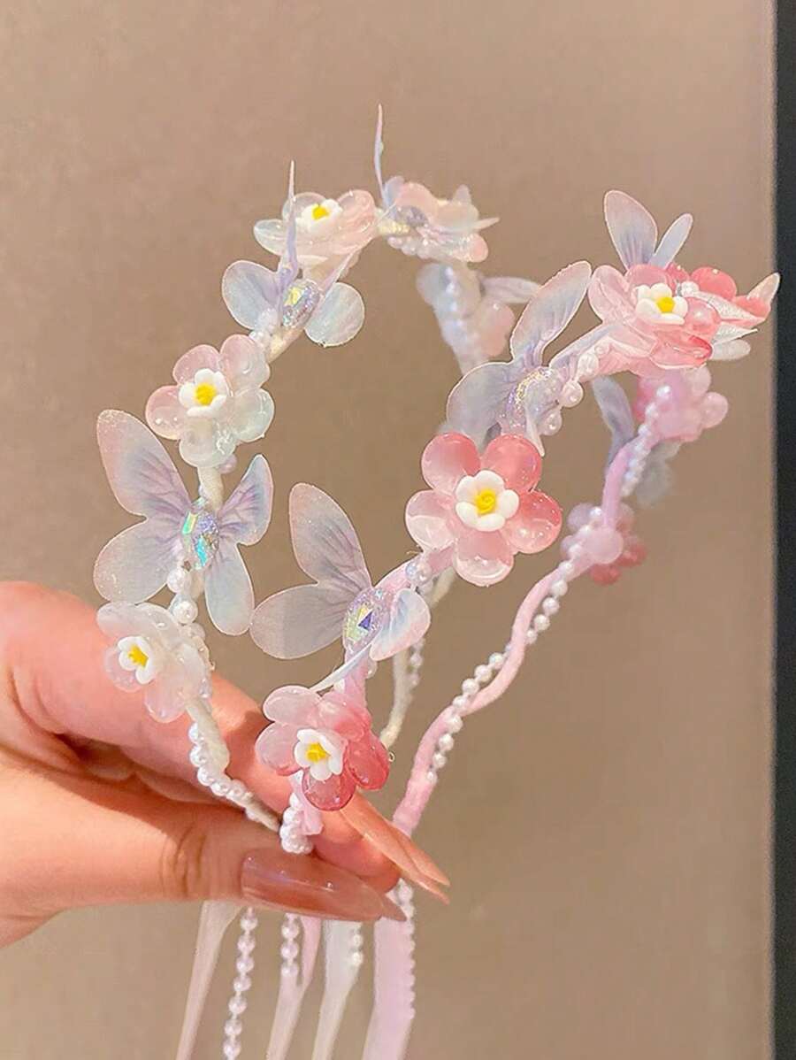 1 Stück Blumenkranz Haarband mit Schleife, neue Prinzessin Schmetterling Haaraccessoire, geeignet für kleine Mädchen, nicht eng anliegend