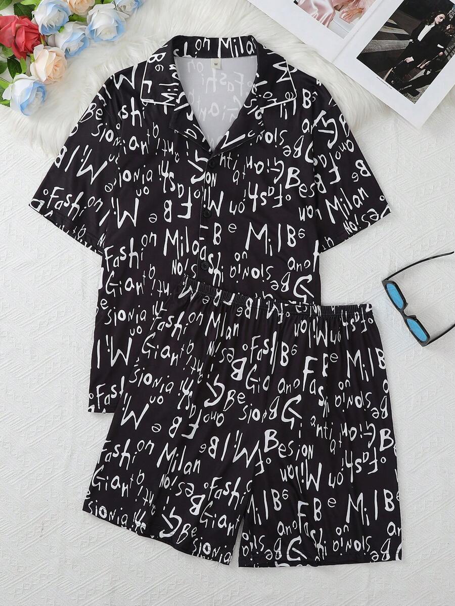 Spring Men's New Casual Sleepwear Set, Letter Print Lapel Cardigan And Shorts 2pcs, Comfortable Home Clothes