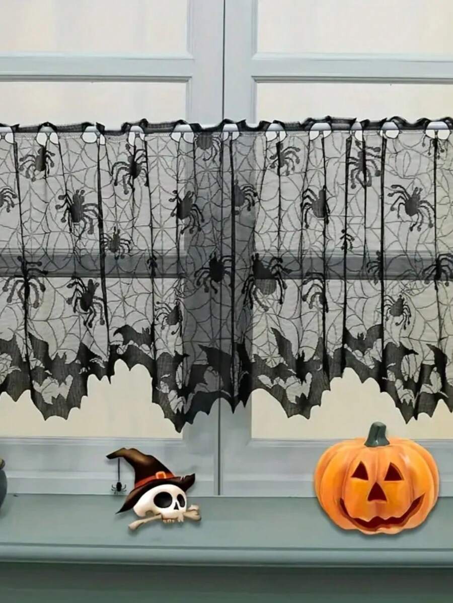 1 Pieza de Cortina Valance de Encaje Negro con Telaraña, Decoración de Fiesta de Halloween, Bufanda para la Chimenea, Cortina para Puerta, Pantalla de Lámpara, Cortina Corta Tipo Cenefa Apropiada para Gabinete, Cocina, Decoración del Hogar, Decoración de la Habitación