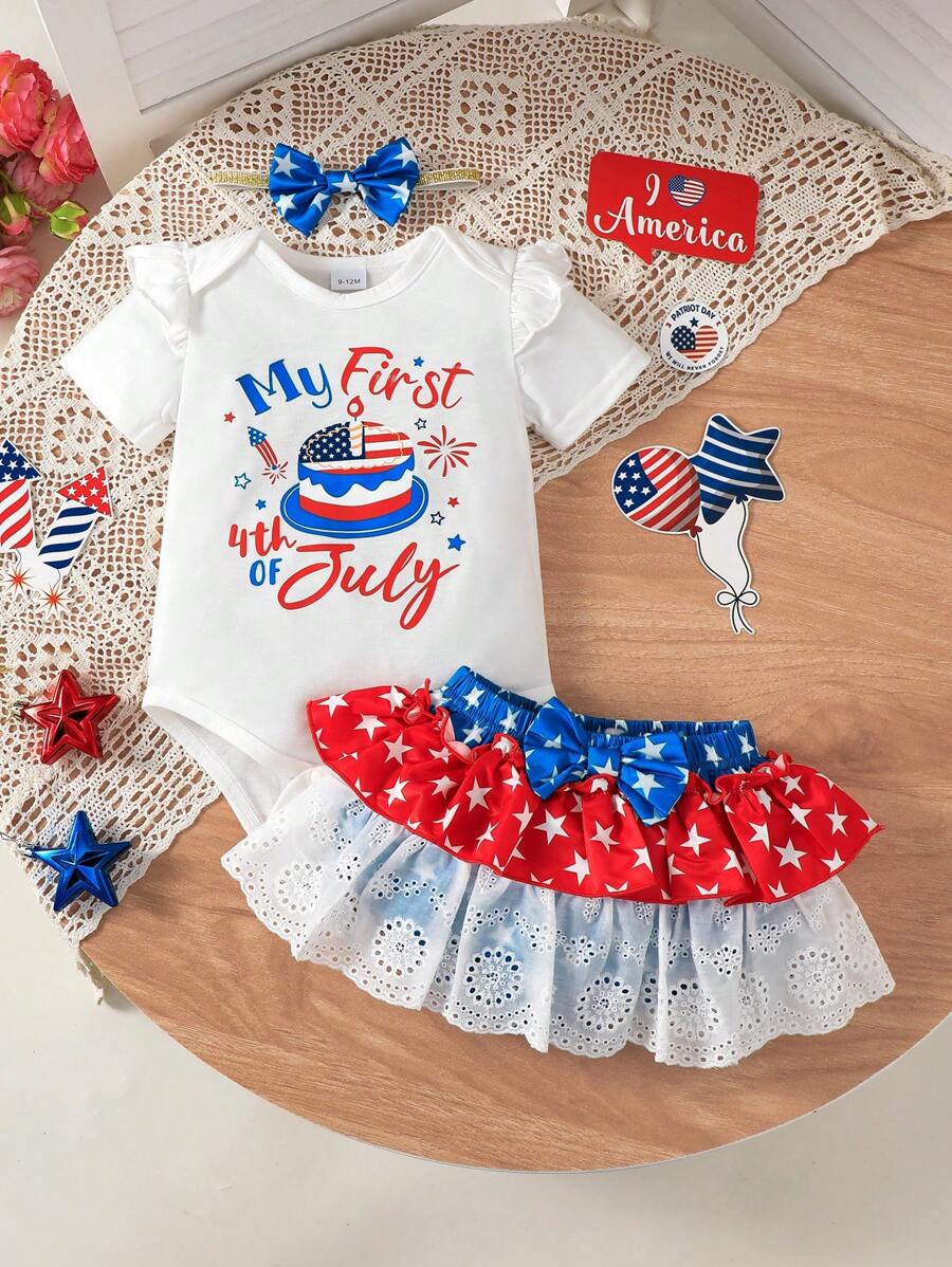 Salopetă casual pentru fetiță, 2 bucăți, 4 iulie, cu garnitură cu fundă 3D, set pantaloni cu bandă pentru cap