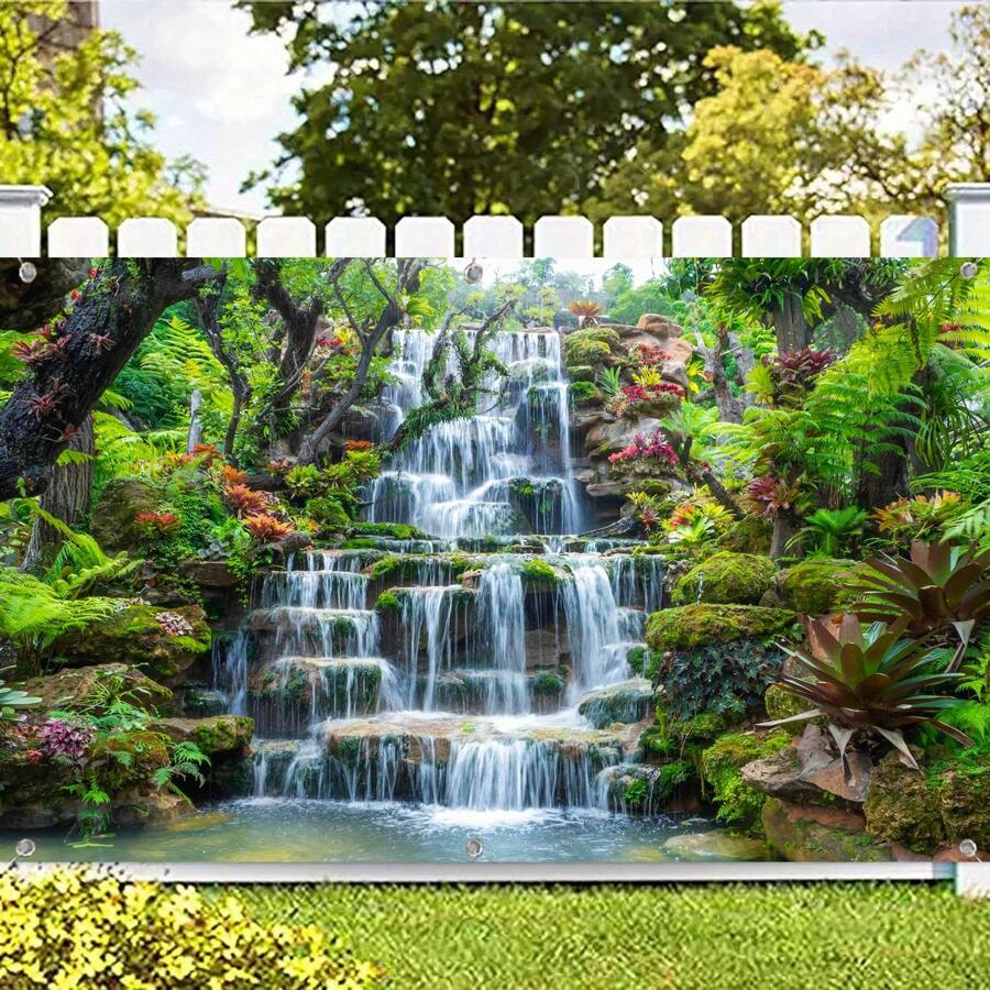 Large Retro Landscape Waterfall Garage Door Banner - Vibrant Summer Forest Scene With Waterfall, Green Trees And Flowers - Easy To Install, Ideal For Parties, Celebrations, Outdoor & Garden Decor, Polyester Material, Party Backdrop | Natural Style Decor | Easy-To-Install Decor, Waterfall Decor