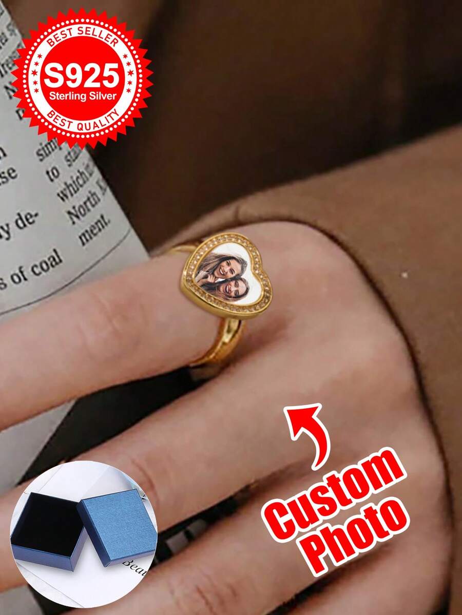 925er Sterlingsilber Herzförmiger Foto-Ring - ein sentimentales & personalisiertes Geschenk für Liebende, Freunde oder Familie. Ideal für Geburtstage, Jahrestage, Valentinstag, Weihnachten