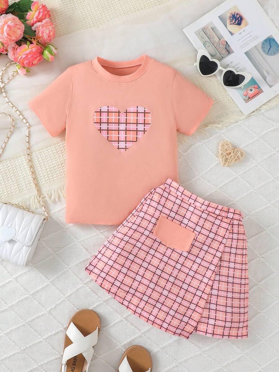 Conjunto de 2 piezas de top de manga corta y falda asimétrica con estampado de cuadros para niñas, adecuado para niñas de 4 a 7 años, casual, de calle, de fiesta, look de moda