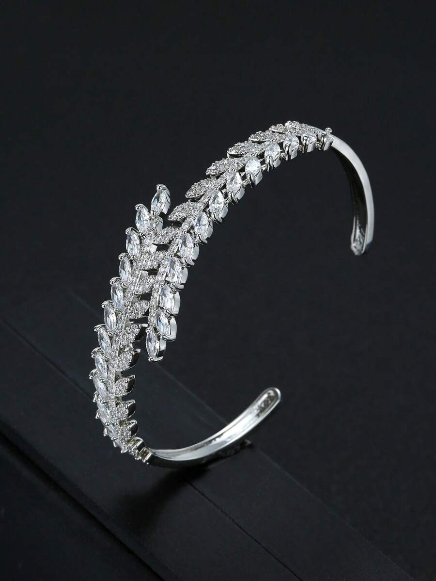 1 peça Pulseira elegante com folha de zircônia, bracelete com abertura, joia microincrustada, presente para mulheres, uso diário