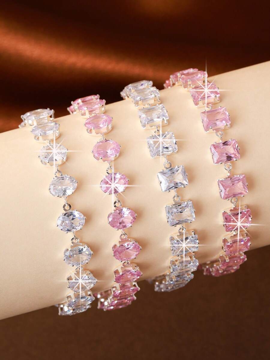 1pc European & American Style Round And Square Pink Zirconia Charm Bracelet, High-End Quality Fashion Jewelry Gift For Girlfriend