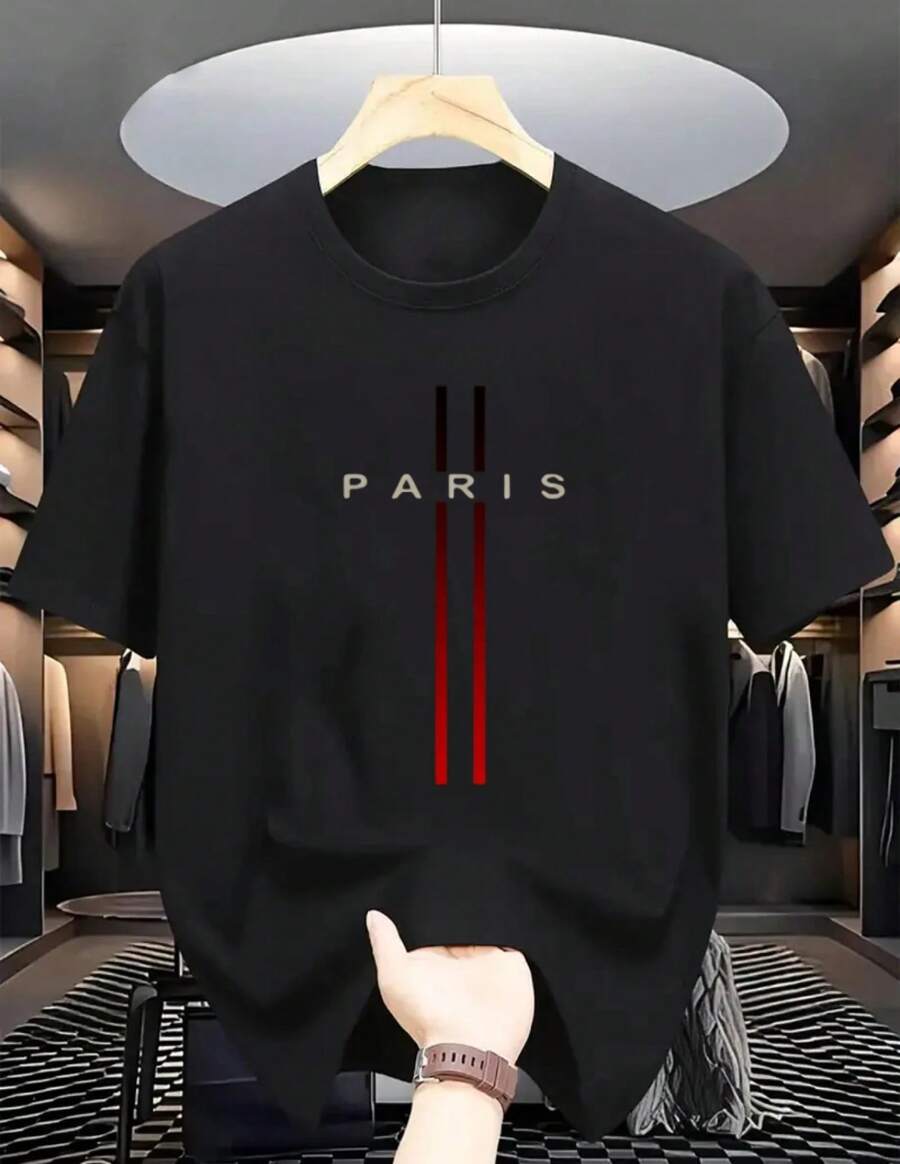 Camiseta Casual de Estampado de paris ralla roja - Mezcla de Poliéster y Spandex Suave, Cuello Redondo, Manga Corta, Lavable a Máquina
