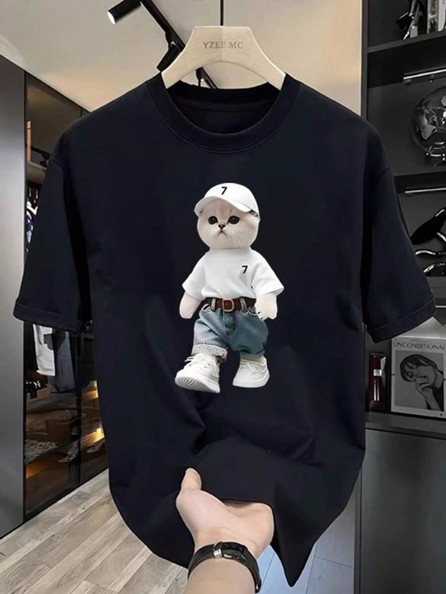 200g Cotton T-Shirt 2025 Men's New Short-Sleeved Cotton Vacation Pattern Short-Sleeved Crew Neck Matching Look