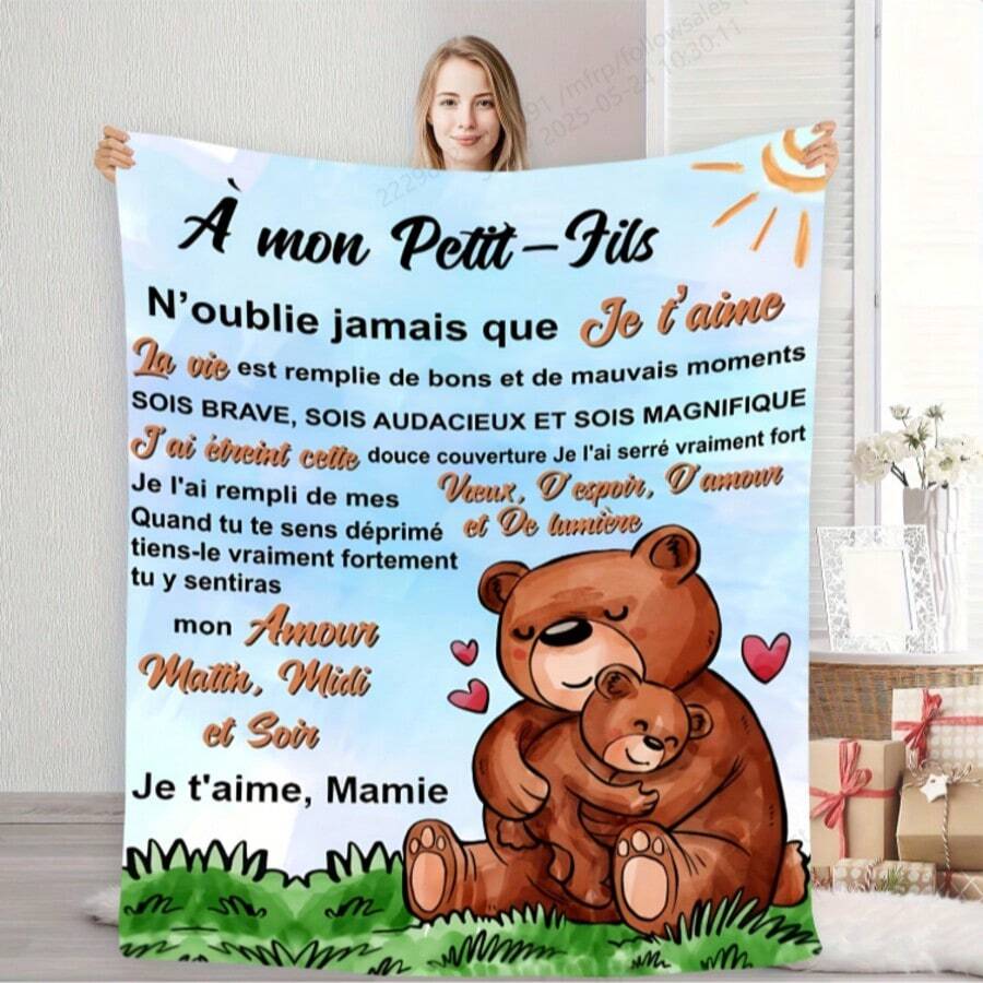 1pc Comfortable Fleece Blanket With Grandmother To Grandson Theme, Featuring Warm Love And Encouragement Text In French, Ideal For Family Coziness, Gift For Grandson