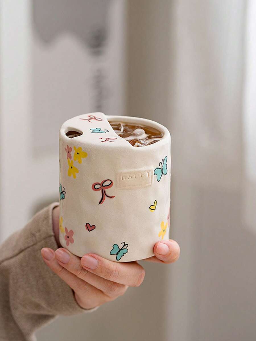 1 pieza Vaso térmico lindo y colorido con diseño de mariposa, taza de café con agarre en forma de corazón para chica, taza creativa y elegante para té con leche, taza de cerámica como regalo, regalo de cumpleaños/inauguración de casa