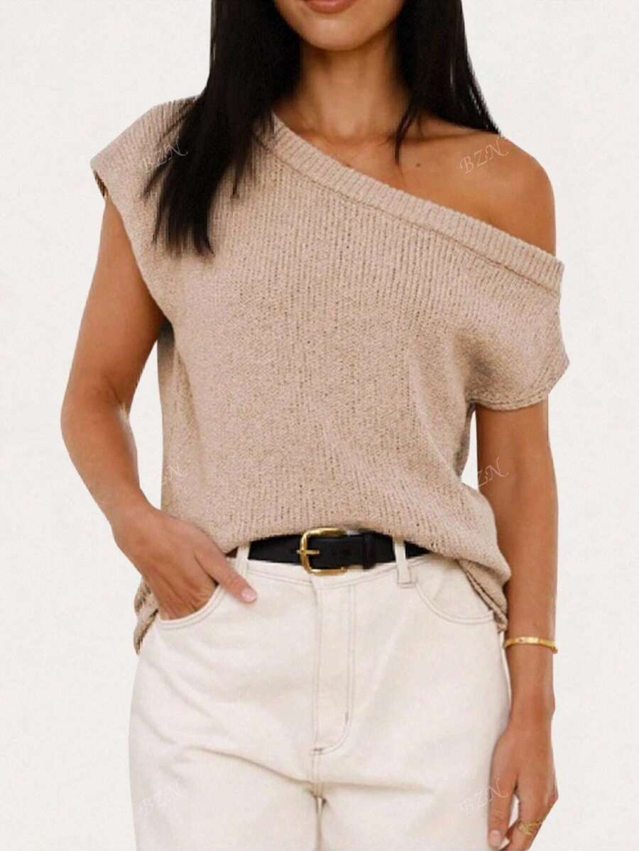 Women's New Oblique Shoulder Regular Casual Comfortable Daily Personalized Sweater, Short Sleeve Loose Oversized Knitted T-Shirts, One Tops For Going Out, Spring Summer Fall