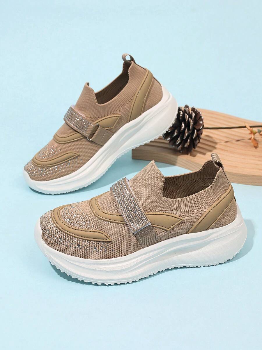 1 par de zapatos tipo calcetín de niños, versátiles, de punto transpirable, zapatos casuales de viaje y deporte para niñas con rhinestones, tela de malla, de fácil puesta con cinta mágica, para primavera/verano