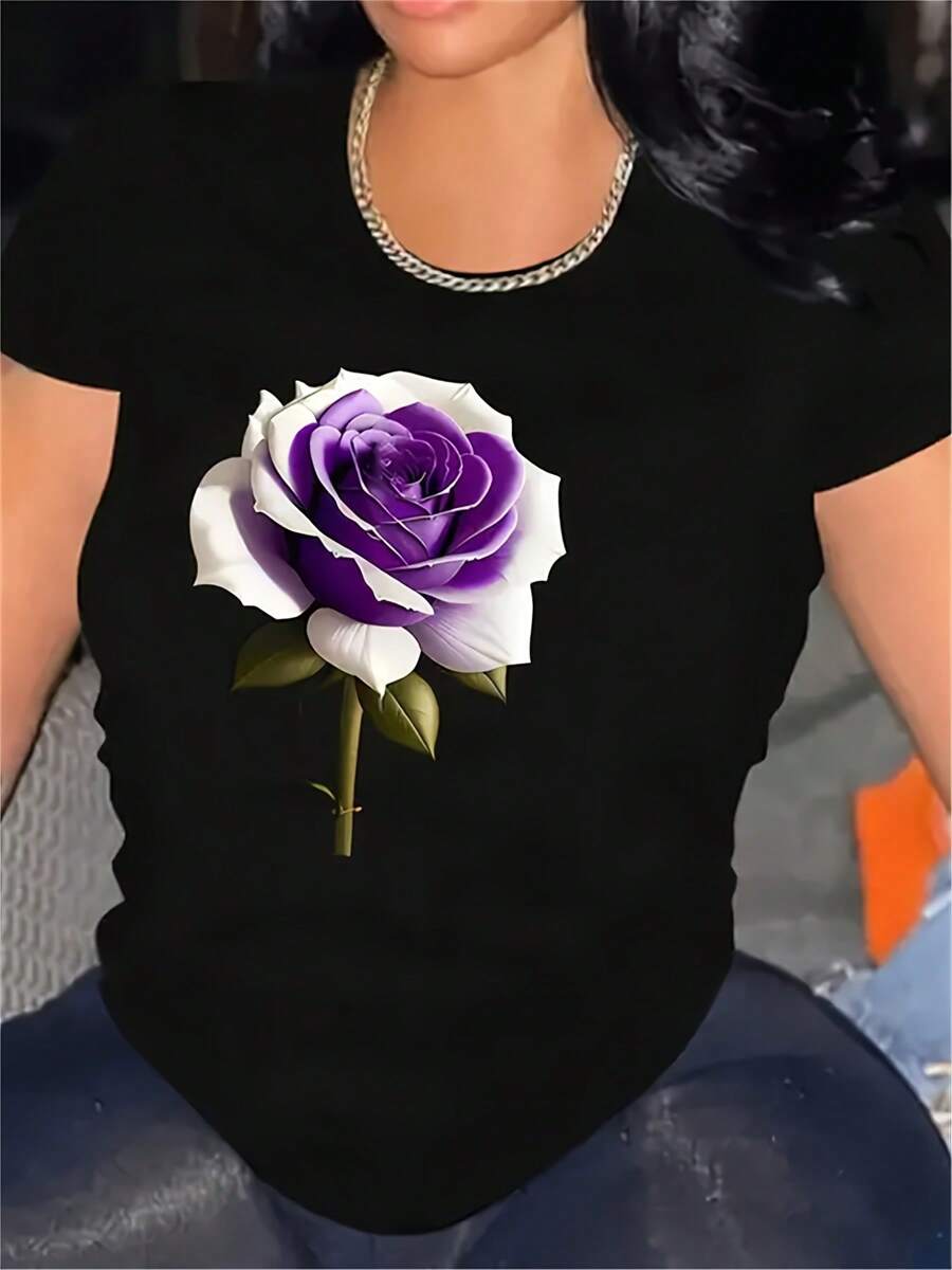T-shirt casual da donna con motivo floreale viola - respirabile, con maniche corte a collo tondo che valorizza la figura, lavabile in lavatrice, comoda tutto l'anno, look casual alla moda e regalo perfetto