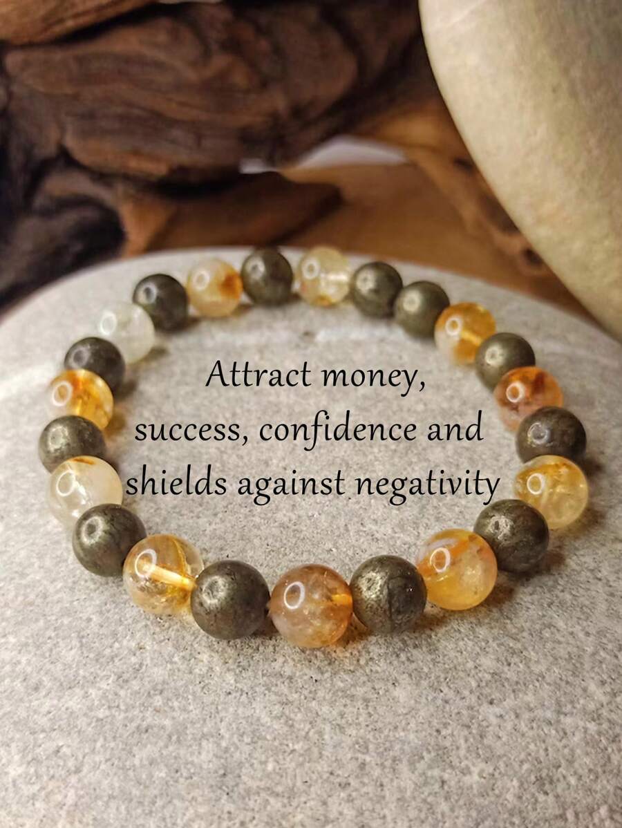YAUKIA 1pc 8mm Pyrite & Citrine Stretch Bracelet Natural Yellow Crystal Handmade Beaded Bracelet For Women & Men Attracting Money, Prosperity And Success Bracelet Unisex Jewelry