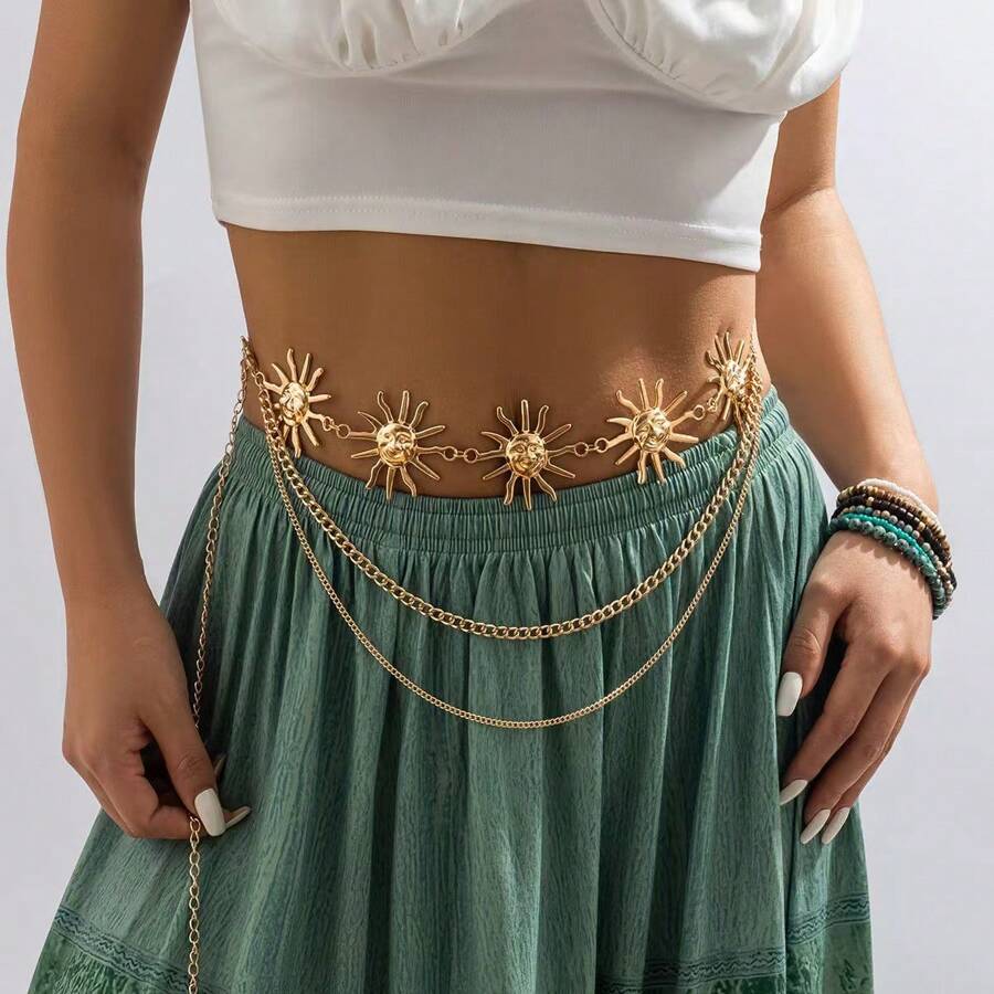 1 pièce Chaîne de taille style punk hip hop tout assorti, chaîne de métal soleil vintage femme pour robe. Ceinture de taille haute vintage à chaîne pour femmes, adapté pour l'été et l'école