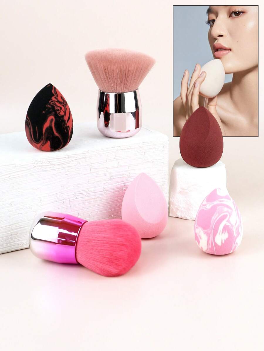 Juego de 3 piezas de herramientas de maquillaje, que incluye esponjas y pinceles de maquillaje con mango corto multifuncional para la cara, pincel para polvo, pincel para rubor, borla de maquillaje, pincel de maquillaje con mango revestido, adecuado para maquillaje facial, uso en seco y húmedo de la esponja de maquillaje, esponja de maquillaje libre de látex, para tocador, herramientas de belleza.