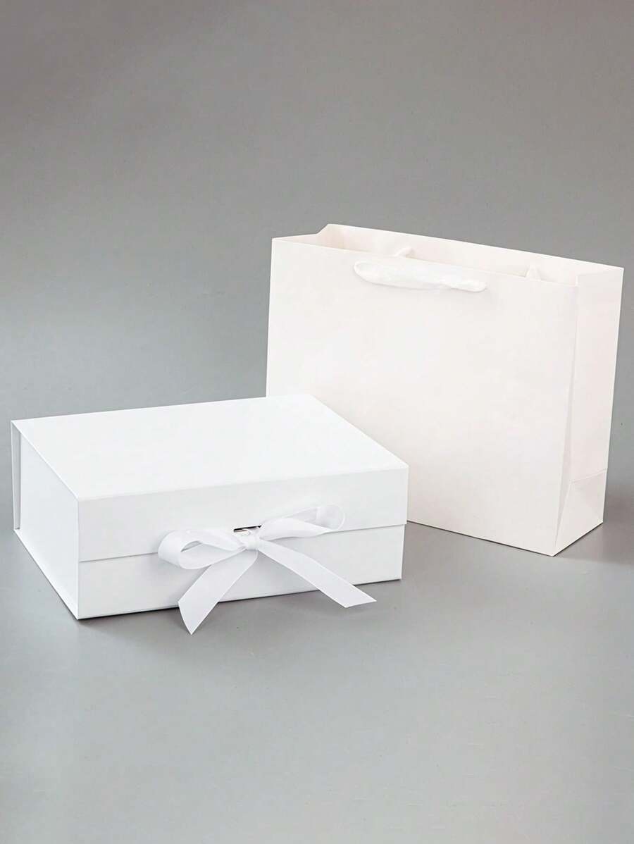 2pcs Flip-Top Folding Gift Box Set, Gift Bag & Gift Box, White Gift Packaging Box, Folding Double-Sided Gift Box Suitable For Birthday Parties, Festivals, Saudi National Day Gifts, Family Gatherings, Weddings, Wedding Favors, Gift Packaging