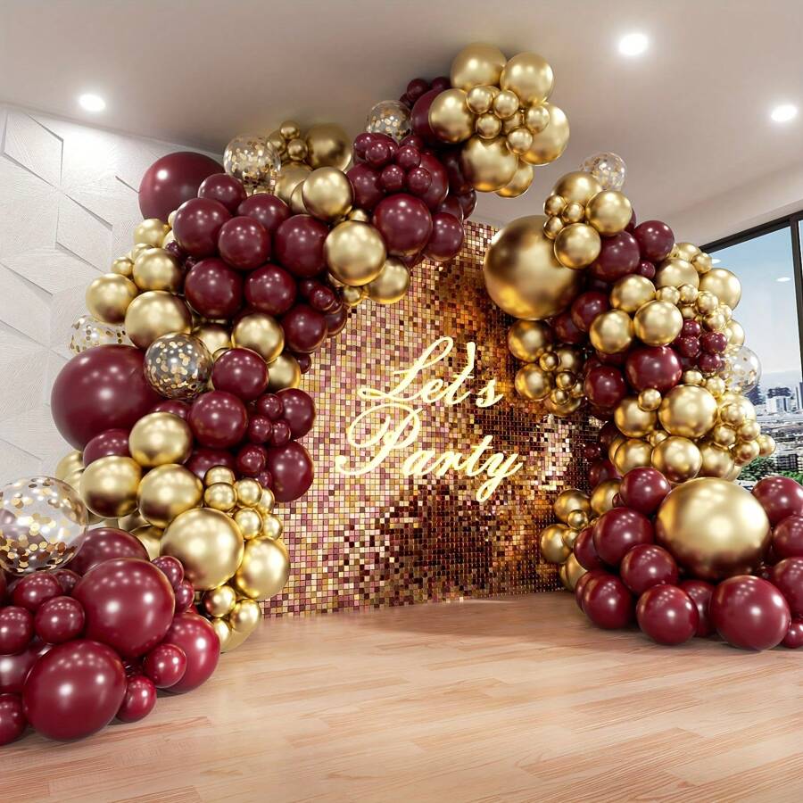 105pcs Burgundy & Gold Balloon Arch Kit, Suitable For Baby Shower, Anniversary, Birthday, Graduation, Bridal Party Decor