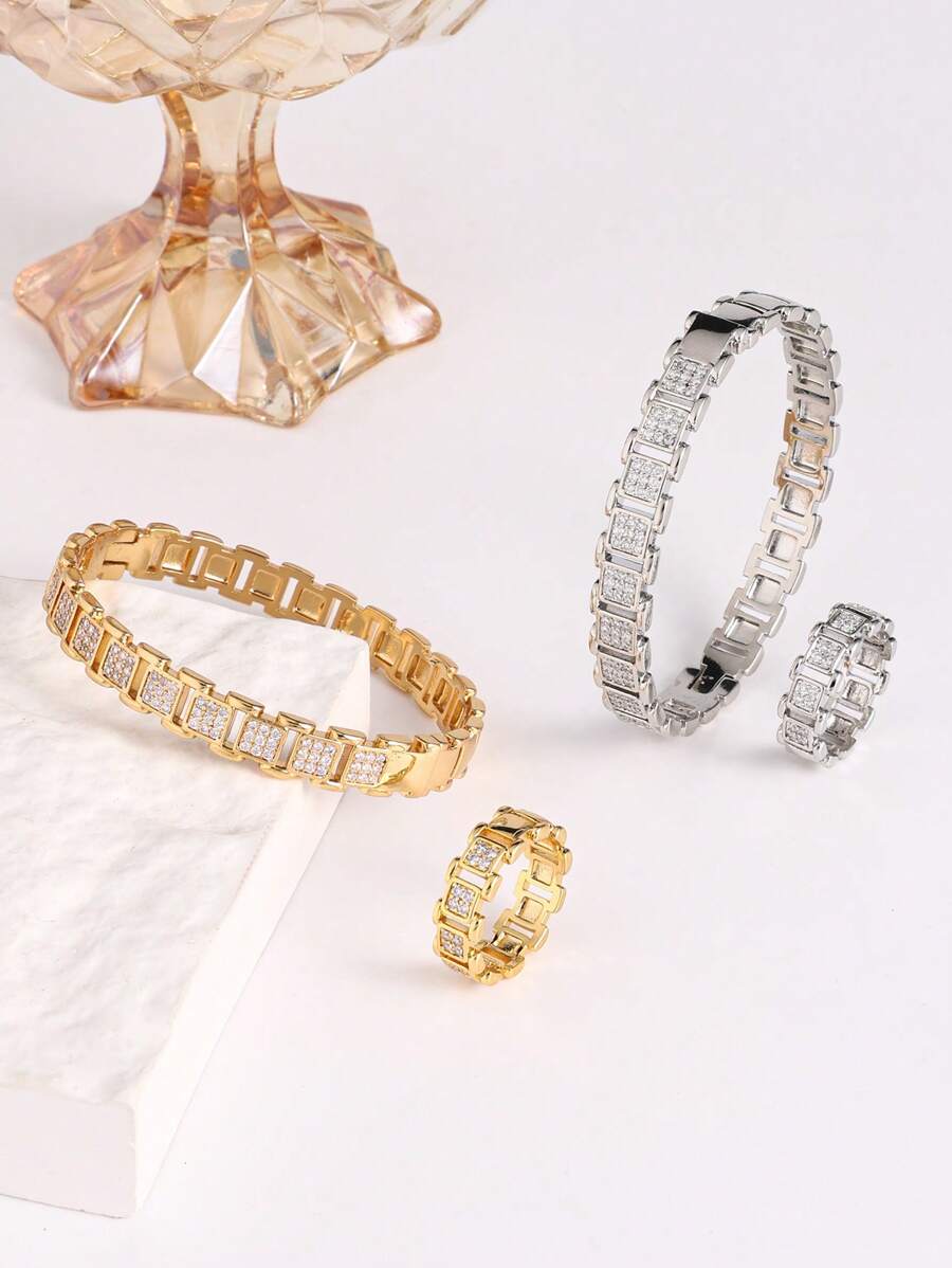 1 Conjunto Pulseira de Corrente de Relógio Premium de Zircônia, Conjunto de Pulseira e Anel Versátil de Moda, Adequado para Homens e Mulheres, Uso Diário