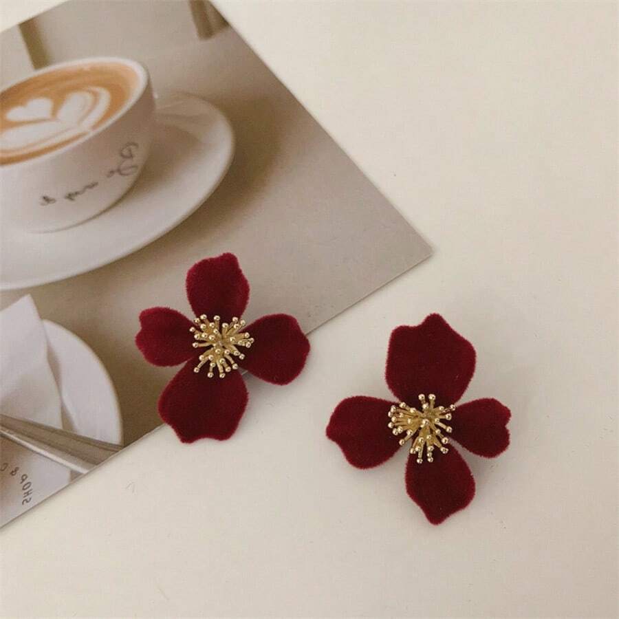 1 par de pendientes de flores de terciopelo burdeos premium, elegantes y únicos