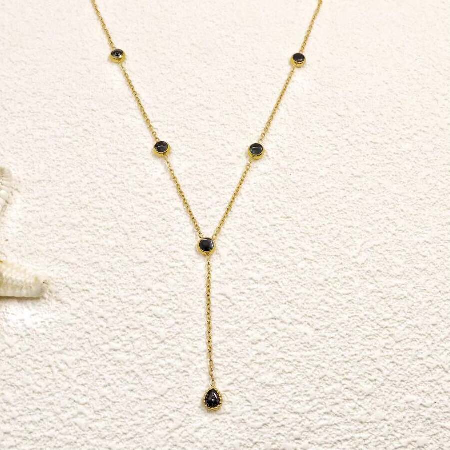 1pc 18K Gold Plated Stainless Steel Y-Chain Necklace With Black Zirconia Water Drop Tassel Pendant, Fashion Jewelry Suitable For Women's Daily Wear Or Holiday Gifts