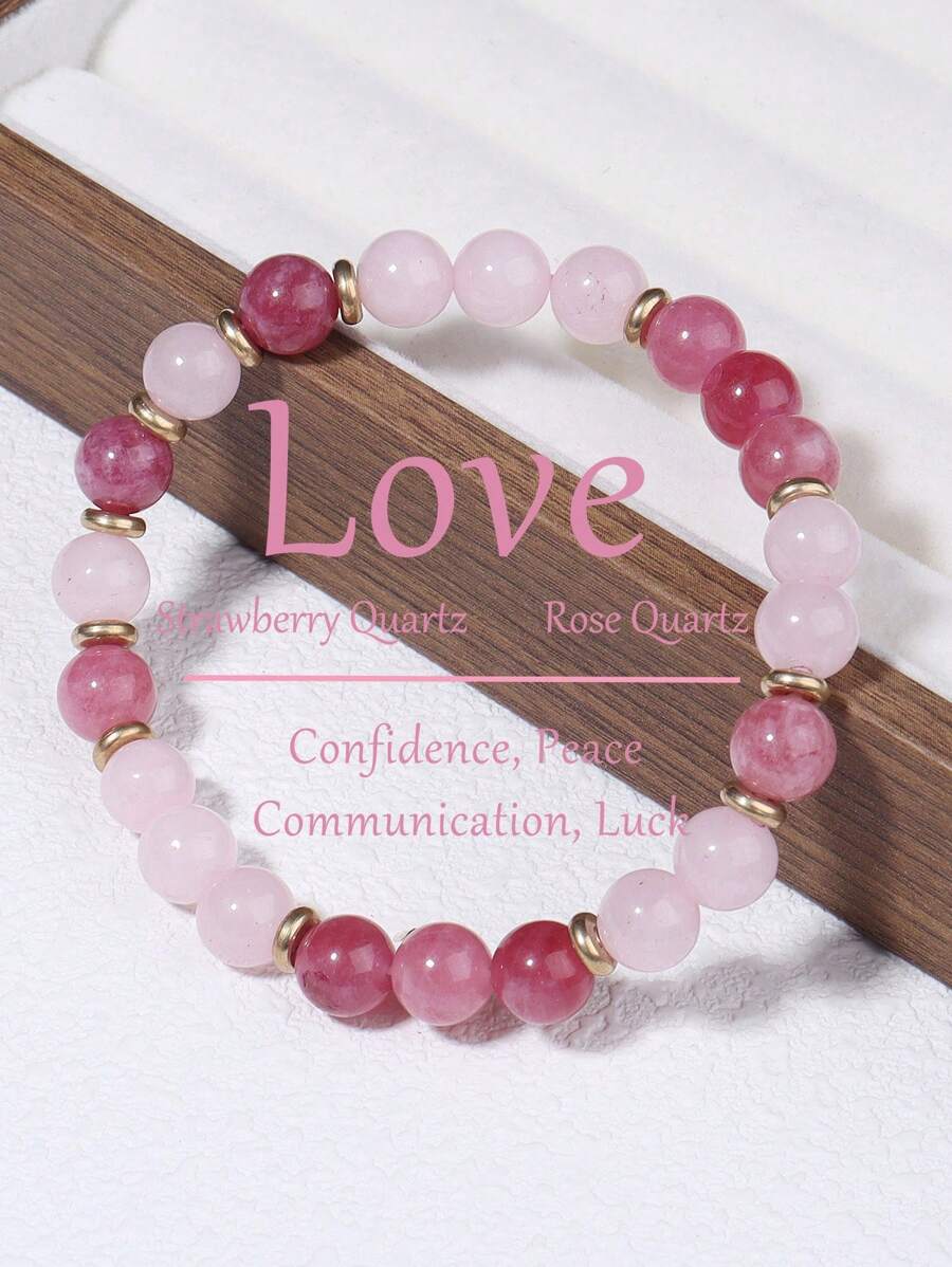 YAUKIA Love Crystal Bracelet - 8mm Rose Quartz & Strawberry Quartz Good Luck, Confidence, Healing Natural Crystal Bracelet, Pink Crystal Boho Jewelry Gift