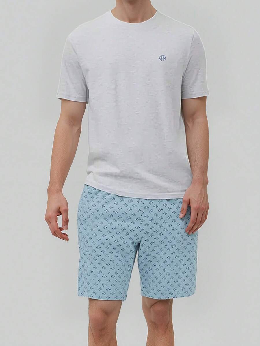 2 Pcs Men's Sleepwear Set, Lightweight Round Neck Short Sleeve Top And Printed Shorts, Casual And Comfy House Outfit, Summer