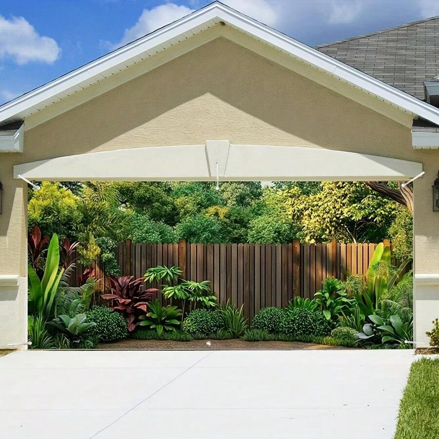1pc 2D Backdrop Banner, Forest Courtyard Fence Landscape Garage Door Banner - Festive Polyester Decor With Vivid Green Plants And Wooden Fencing Design, Ideal For Adding Seasonal Ambiance To Home, Natural Style Durable Outdoor Banner For Garage Decoration
