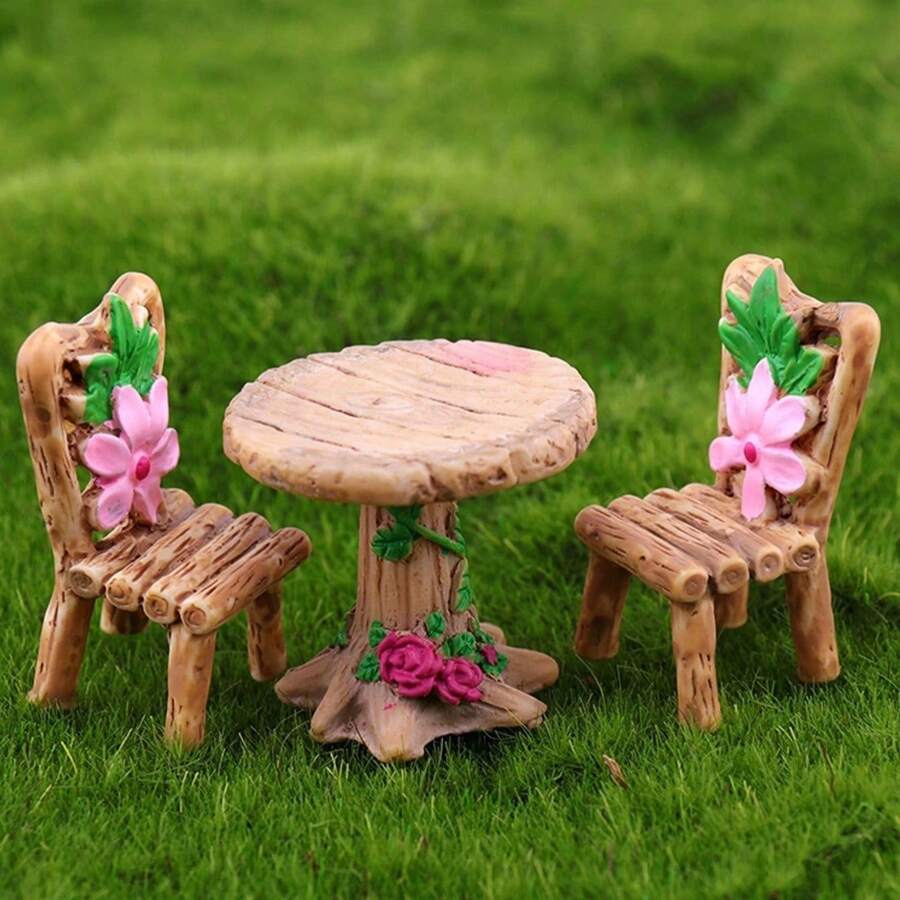 6 Peças Conjunto Mágico de Mesa e Cadeira Mini, Kit de Móveis de Jardim de Fadas com Flores Rosas e Folhas Verdes, Resina ABS Durável - Perfeito para Casas de Bonecas, Cenas em Miniatura e Artes e Artesanato, Acessórios de Jardim de Fadas