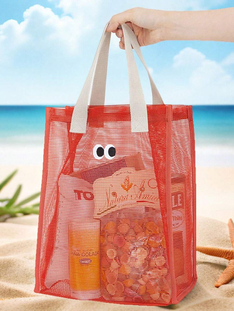 1pc Portable Mesh Beach Bag With Cutout Design And Faces - Lightweight Polyester Storage, Suitable For Beach, Swimming, Travel - Multi-Color, Swimwear, Playful Style, Sturdy Handle, Multifunctional Tote Bag, For Outdoor Enthusiasts