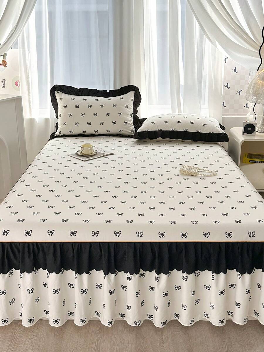 3pcs Bedding Set (1pc Bed Skirt + 2pcs Pillow Cases), Cute Romantic Floral & Bow Design With Double Ruffled Skirt, Elegant French Style, Suitable For Queen/Twin Bed, All Season