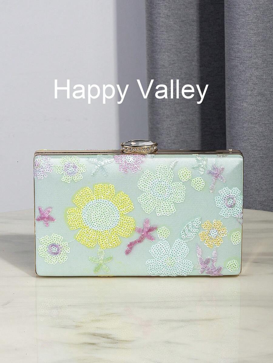1pc Sequin Embroidered Floral Handbag (Random Pattern) With Metal Crossbody Chain, Elegant And Refined Fashion Women's Clutch Purse, Suitable For Parties, Romantic Weddings, Balls, Galas. Halloween Celebration, Valentine's Day Gift