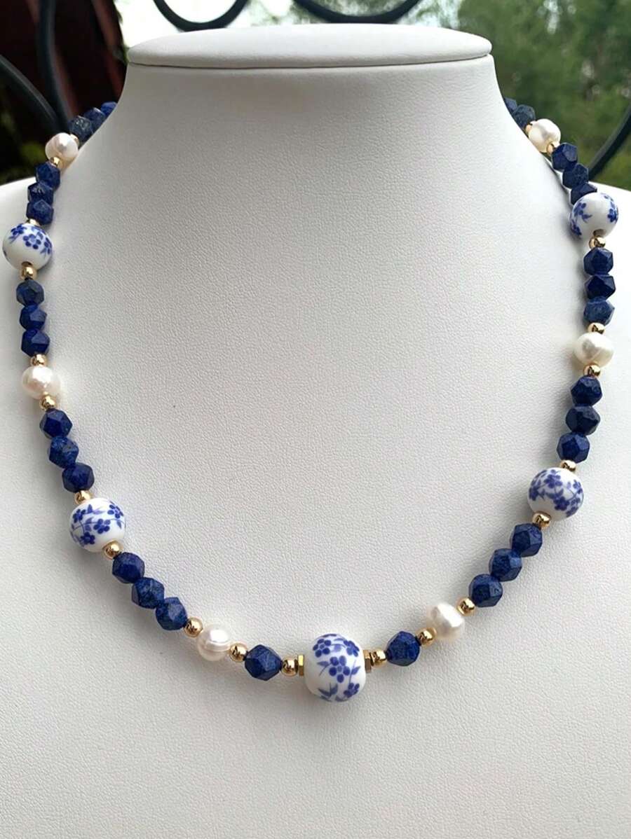 1 pieza Collar de piedra natural con flor de cerámica y perlas falsas, estilo bohemio, collar de cerámica azul, adecuado para uso diario de mujeres, citas, fiestas, vacaciones en la playa, regalo de joyería