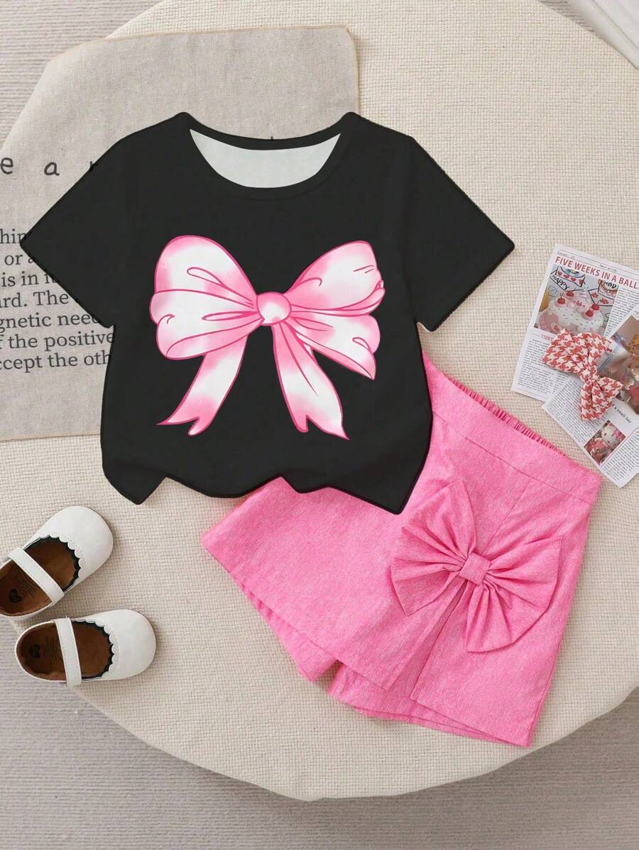 Set de 2 piezas de blusa de manga corta con estampado de mariposa y shorts falda rosa para niñas pequeñas, lindo y dulce para salidas de vacaciones en verano