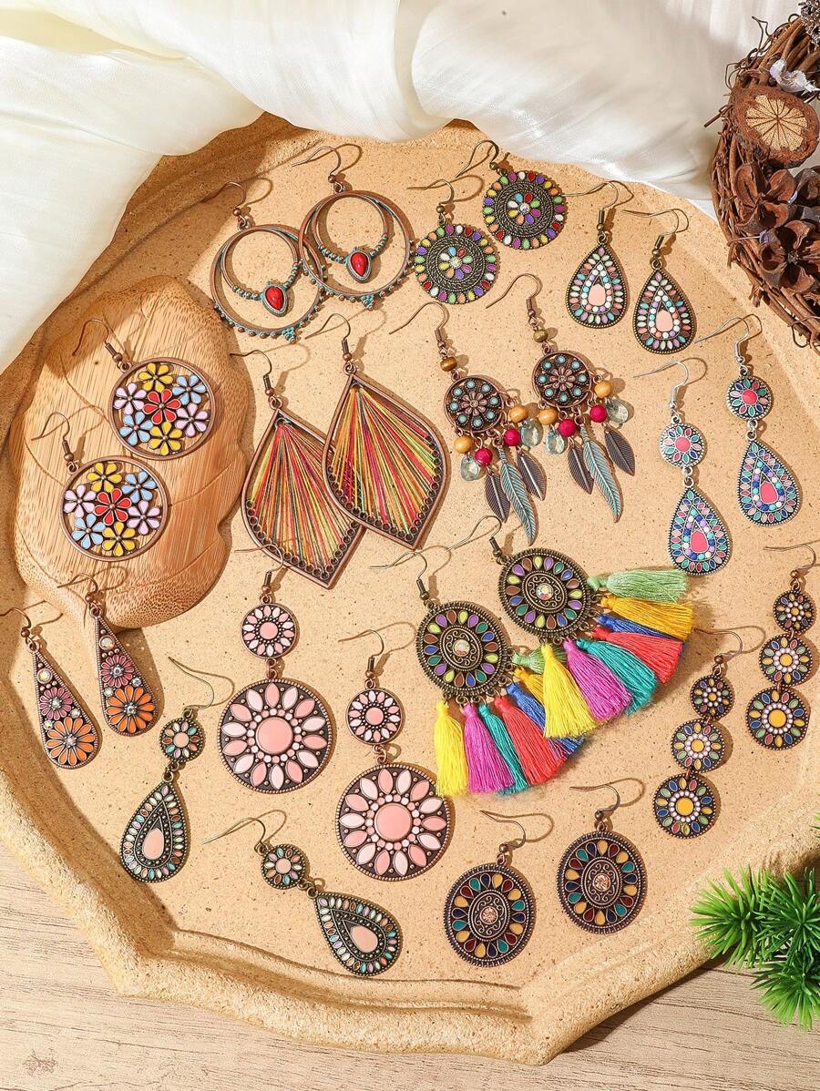 TopHanqi 13 Paar Vintage Bohemien Ohrring Set, geometrische personalisierte Tropfenöl-handgefertigte Quaste-Ohrringe mit Strass-Umwicklung, geeignet für täglichen Gebrauch, Partys, Street-Style, Geschenke, ganzjährig
