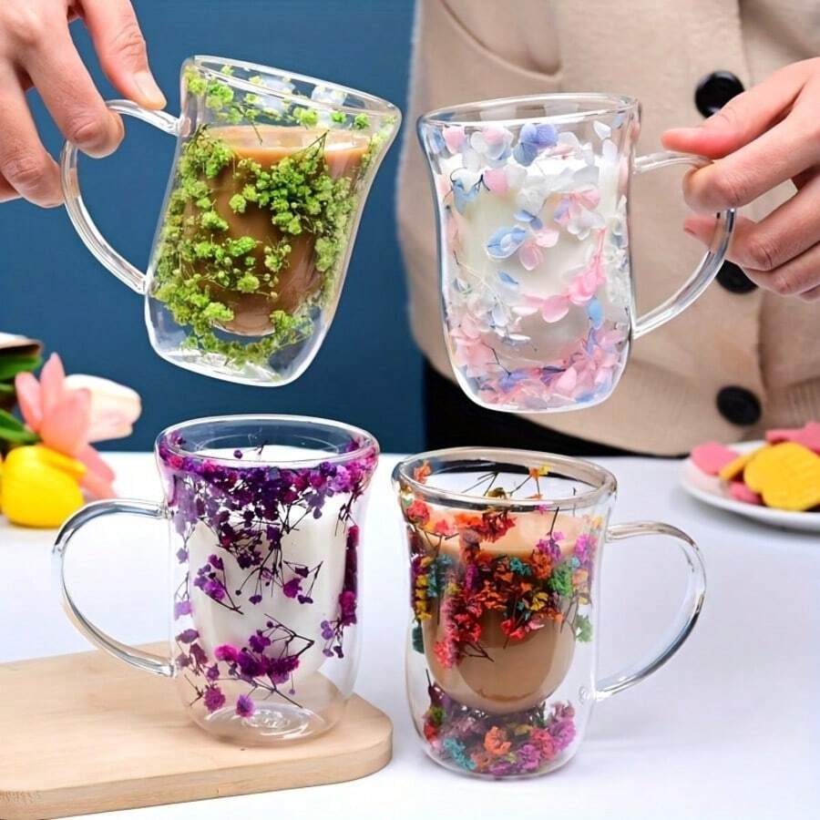 1 Set Of 300ml Novel Double-Layer Dried Flower With Handle Double-Layer Glass Cups, Multiple Colors To Choose From, Bell Cup Type, Insulated And Heat-Resistant Transparent Coffee Cups, Breakfast Milk Cups, Gift For Girlfriend And Boyfriend