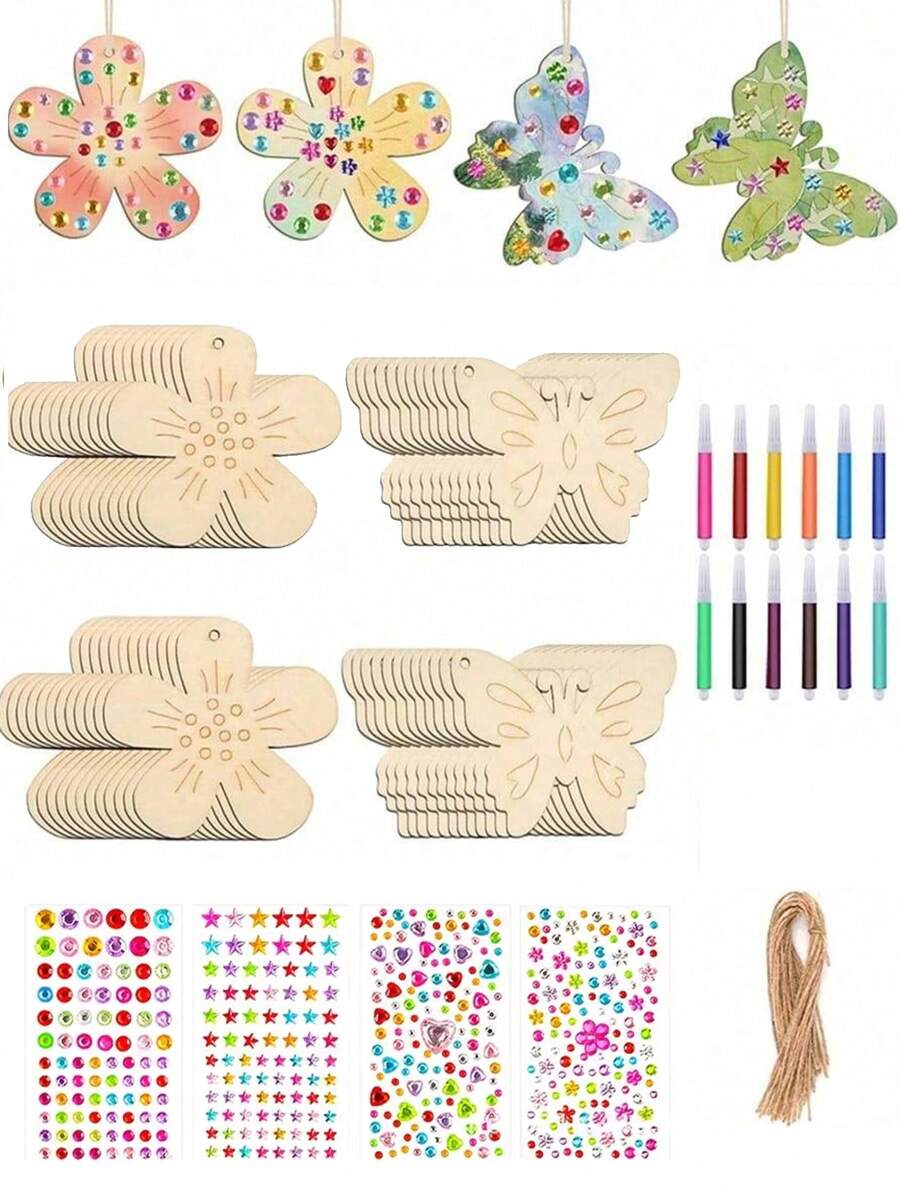 40-Piece Butterfly & Flower Craft Kit - Natural Wooden Boards For Painting/Arts & Crafts, Suitable For Art Activities, Birthday Gifts, Christmas Parties, Includes Watercolor Pens And Gem Stickers