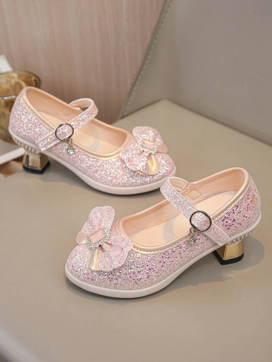 Girls Fashion High Heel Leather Shoes, Bling Glitter Princess Shoes For Kids, Suitable For Spring & Autumn