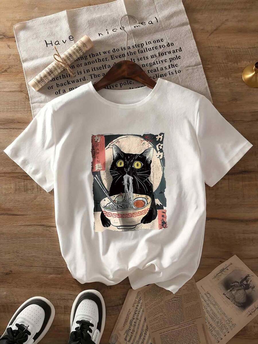 Summer Women Cartoon Black Cat, Noodles, Geometric Pattern Letter Pattern T-Shirt