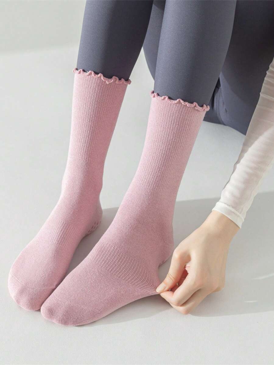 1 Pair Of Yoga Socks For Women, Mid Tube Women's Socks, Anti Slip Sports, Solid Color Rolled Edge Sports Socks, Lace Elastic Socks