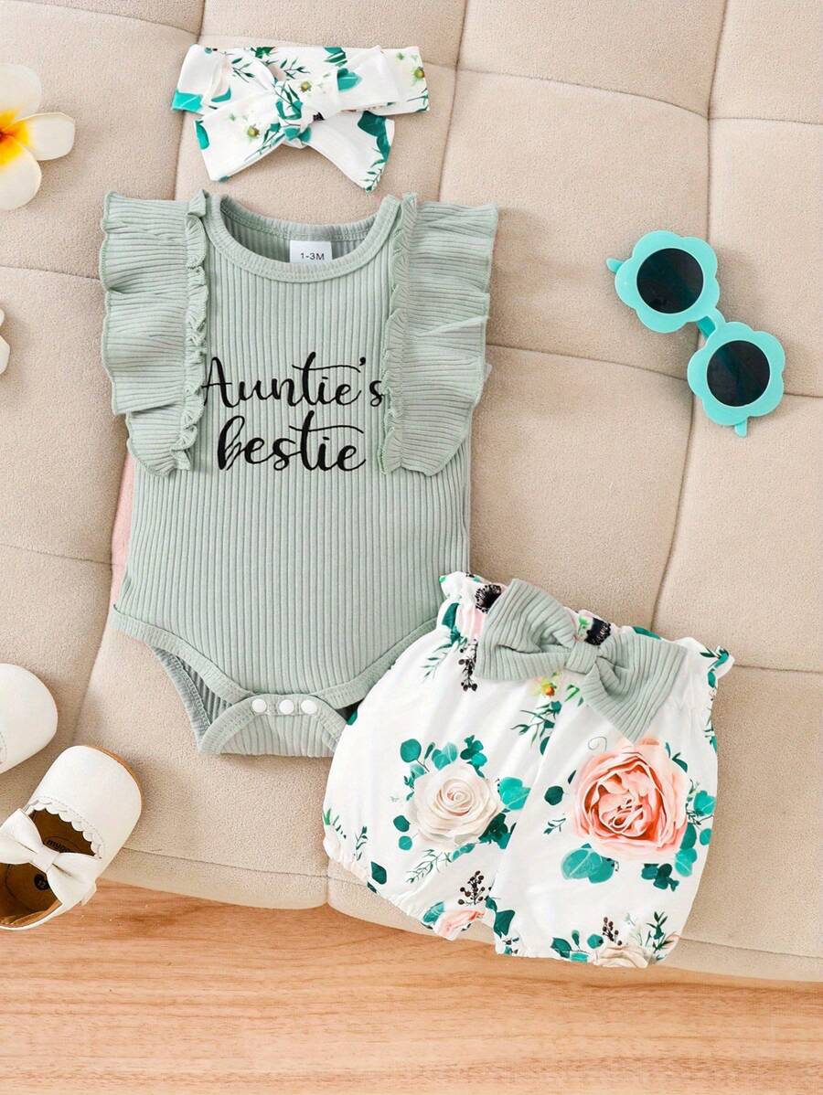 Baby Boys And Girls Summer Outfit Auntie Is The Best Friend Short Sleeve Ribbed Romper, Floral Shorts Clothing Set, Suitable For Outdoor