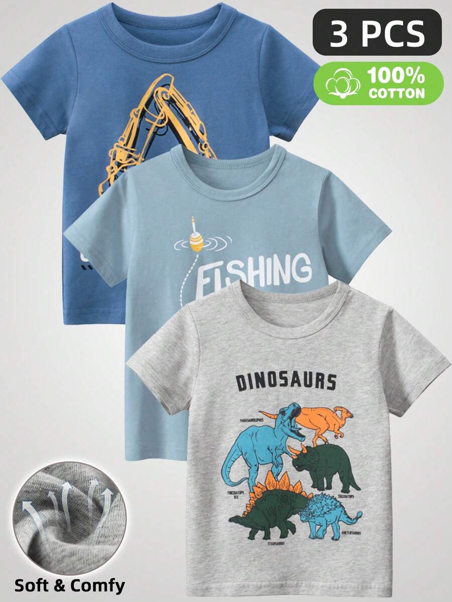 Junger Junge 3 Teile/satz Sommer Neue Ankunft Rundhals Brief Und Cartoon Gedruckt Kurzarm T-shirt