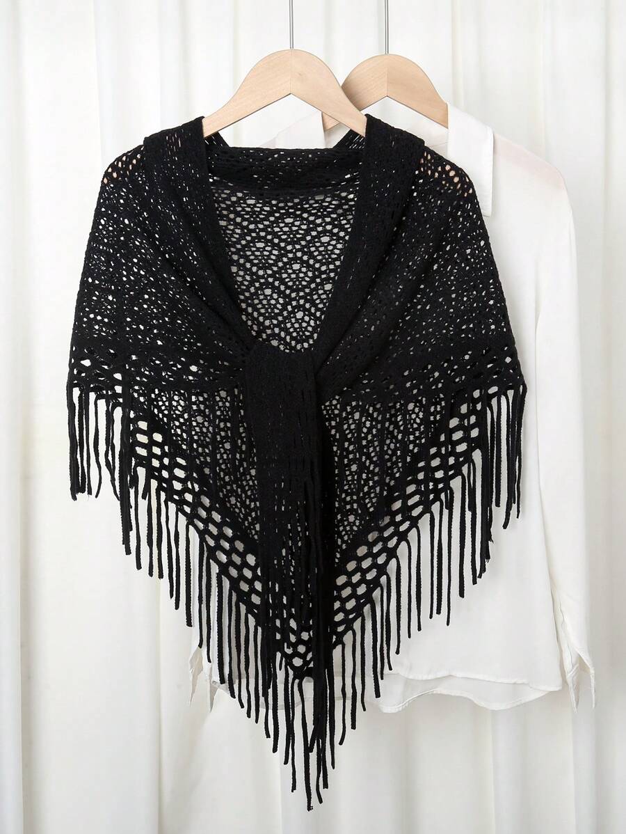 1 pièce Écharpe tricotée à franges triangulaires de couleur unie pour femme, châle/poncho minimaliste pour l'automne/l'hiver