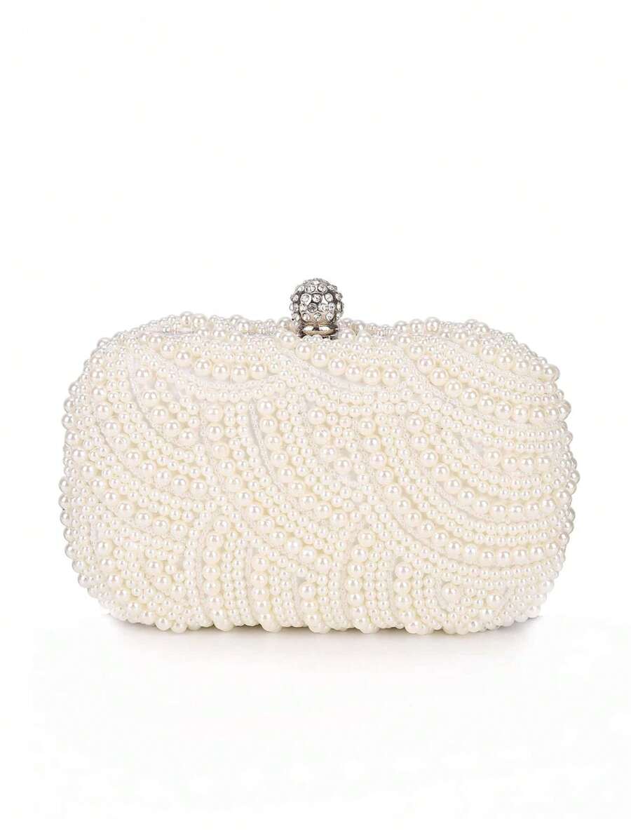 Bolso de mano estilo clutch de noche con perlas, con cierre de gancho, adornado con cristales, para boda, cena o fiesta, bolso de noche elegante para mujer, color blanco