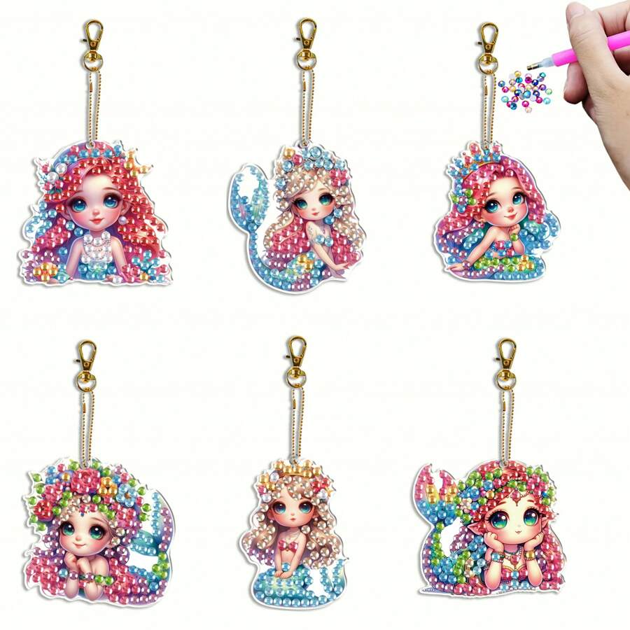 6 piezas Kits de pintura de diamante 5D para llaveros DIY, belleza de dibujos animados, llavero de arte de diamante con patrón de sirena, llavero de mosaico hecho a mano apto para principiantes