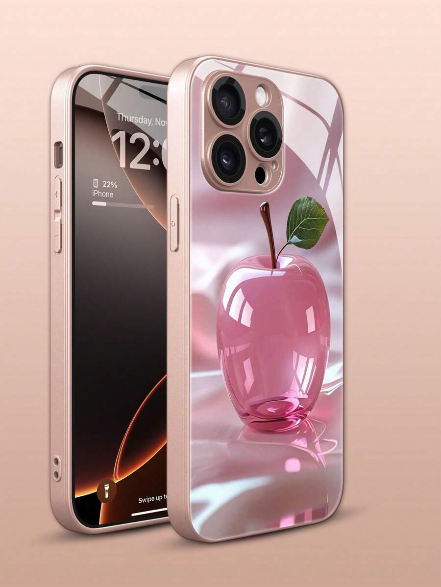 3D 1pc Pink Crystal Apple Design Fashion Personalized Metallic Coating Tempered Glass Material With Built-In Lens Film Shockproof Anti-Fingerprint TPU Full Edge Soft Phone Case Compatible With Apple 16/16 Plus/16 Pro/16 Pro Max