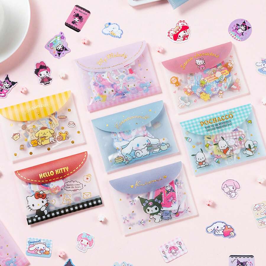 Sanrio 40pcs/Pack Cute Black Sticker Set, Including Hello Kitty, Pompompurin, And My Melody Cartoon Animal Paper Stickers, DIY Scrapbooking Decoration Materials With PVC Storage Bag