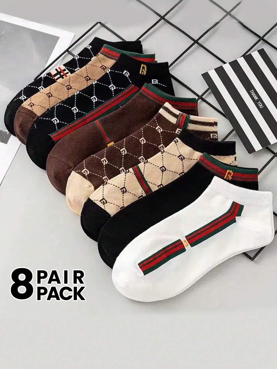 8 Pairs Women's Short Socks, Multicolor Letter & Stripe Pattern, French Luxury Retro Style, Versatile Ladies Socks