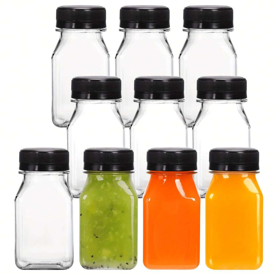 10/20 pièces Bouteilles de jus transparentes de 4 oz avec couvercles noirs anti-fuite, contenants réutilisables pour smoothies, jus, lait et boissons maison - parfaits pour le stockage au réfrigérateur