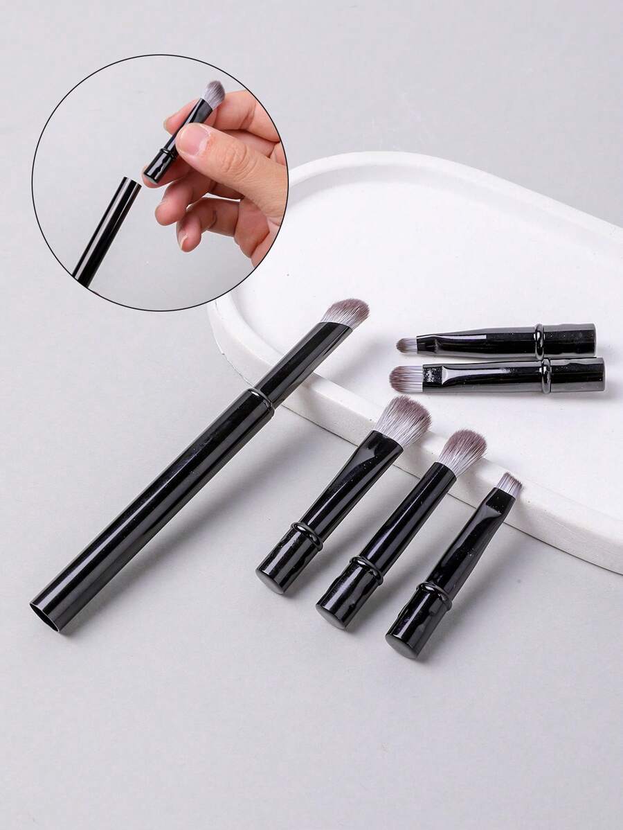 4pcs Mini Professional Makeup Brush Set, Fragrance-Free - For Foundation, Powder, Eyes And Brows - Oval Brush Head Design - Suitable For All Skin Types